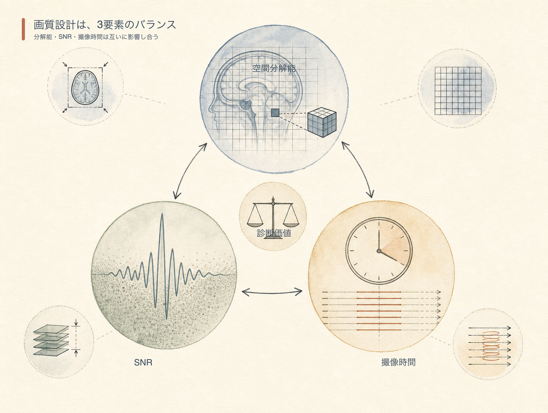空間分解能、SNR、撮像時間のトレードオフ