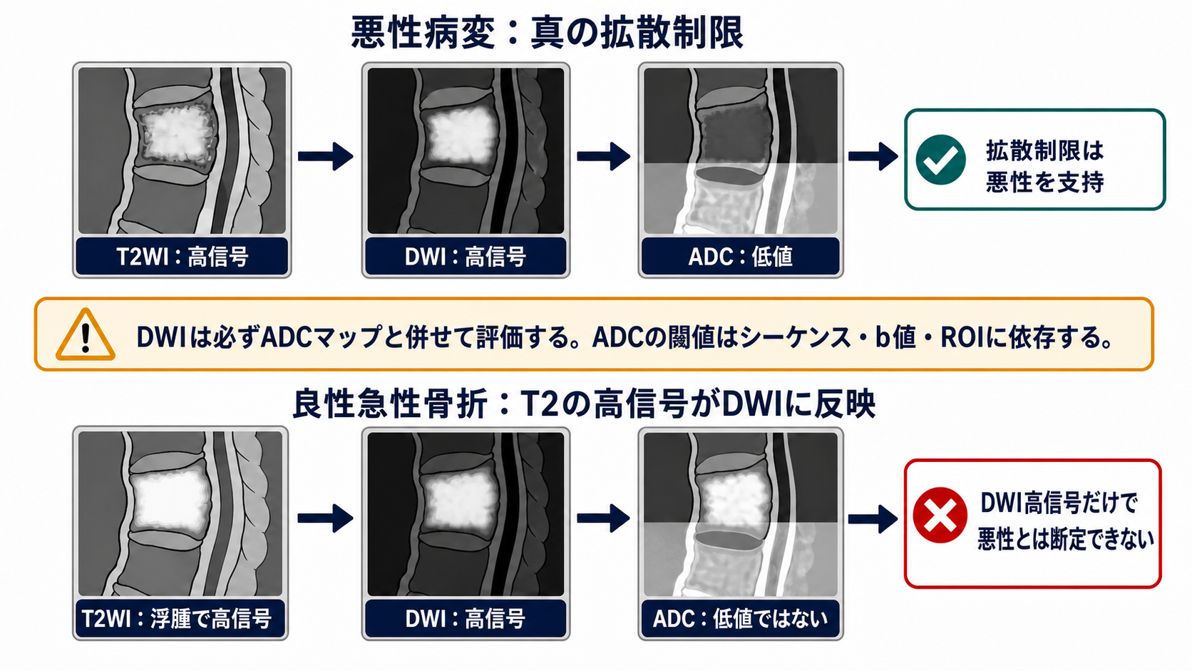 DWIとADCにおけるT2 shine-throughの模式図