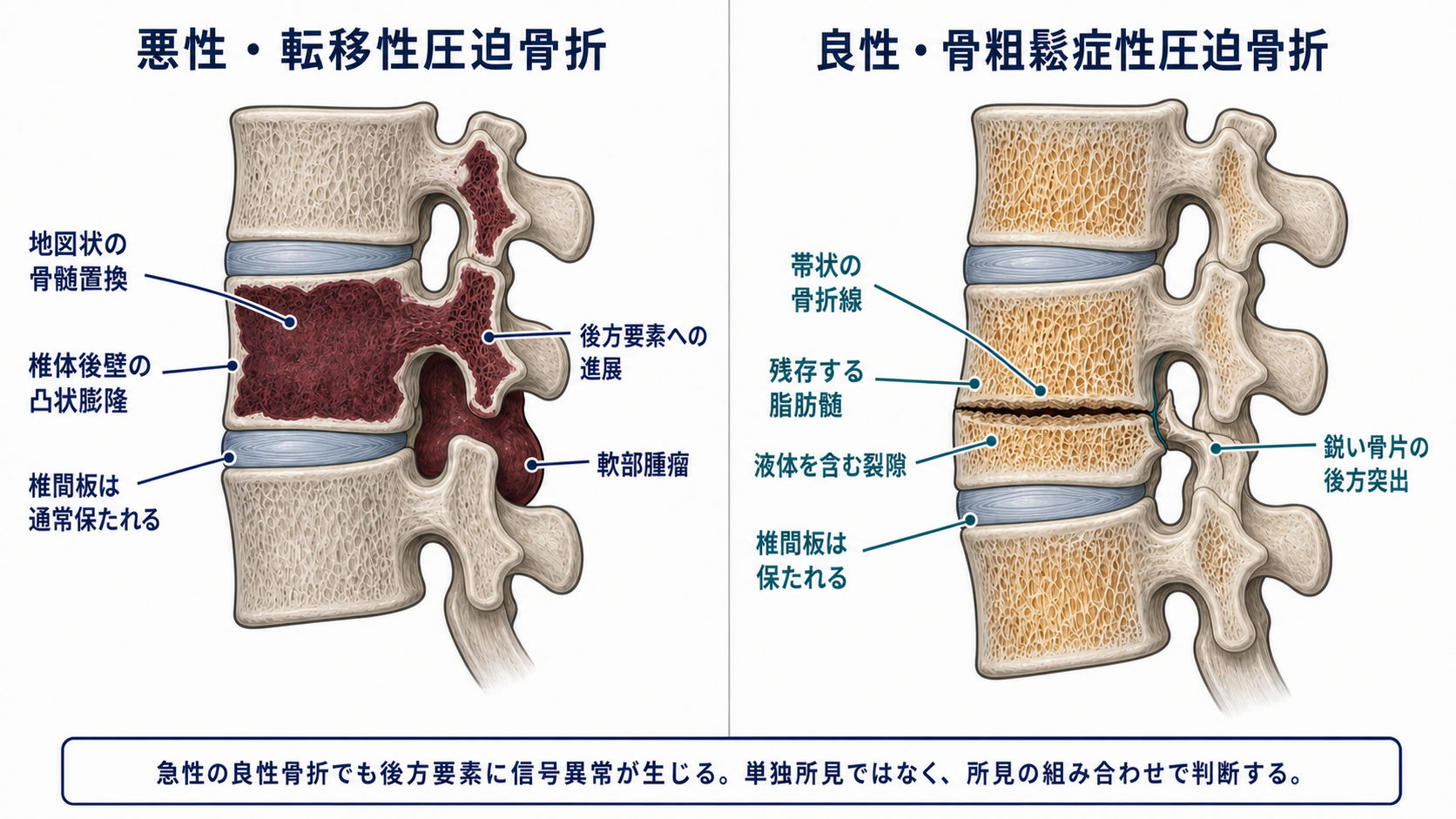 転移性圧迫骨折と骨粗鬆症性圧迫骨折の模式比較